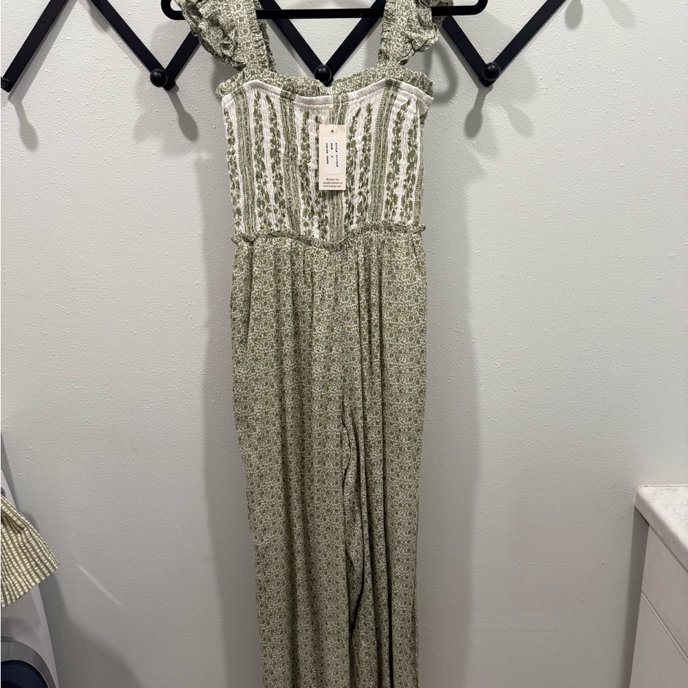 Green Patterned Jumpsuit with Ruffle Straps (new with tags!)